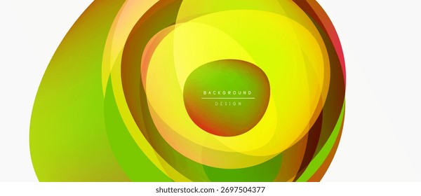 Abstract vibrant layers create circular design. Yellow, orange, green hues blend smoothly. Modern background element for various projects.