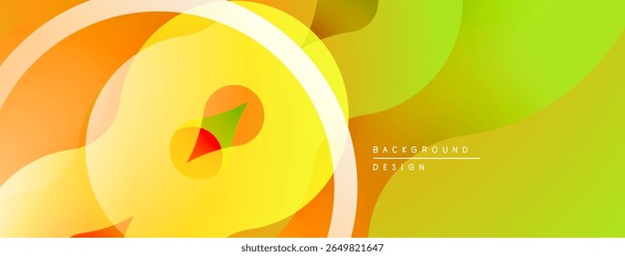 Abstract vibrant layers create flowing shapes. Warm yellow, orange, green hues dominate design. Modern aesthetic, smooth gradients present.