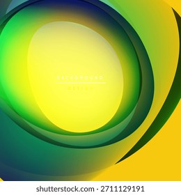 Las capas vibrantes Abstractas crean un diseño circular fluido. Amarillos, verdes, azules se mezclan suavemente. Elemento de fondo moderno.