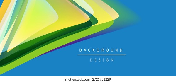 Camadas vibrantes abstratas se sobrepõem, criando um fluxo visual dinâmico. Fundo azul complementa tons amarelos e verdes. Elemento de design moderno.
