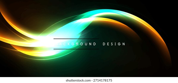Abstractas curvas de luz vibrante fluyen a través del fondo oscuro. Los colores brillantes se mezclan, creando un efecto visual dinámico. Elemento de diseño moderno.