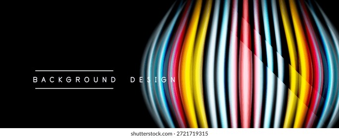 Abstract vibrant lines form ellipse shape. Dark background emphasizes colorful design elements. Modern aesthetic, dynamic composition.