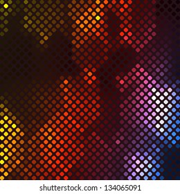 Abstract vibrant mosaic made of square colorful elements on dark background