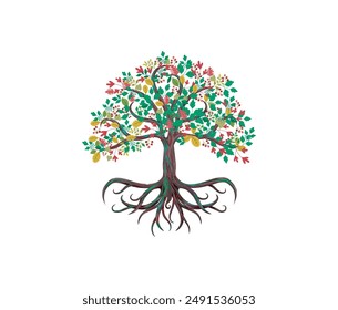 abstract vibrant and multicolored tree vector illustration, happiness symbols, tree and roots logo.