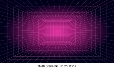 Abstract vibrant neon pink color corridor stretching into the distance. 3D perspective laser grid. Cyberspace background with pink mesh. Futuristic digital hallway space in virtual reality.