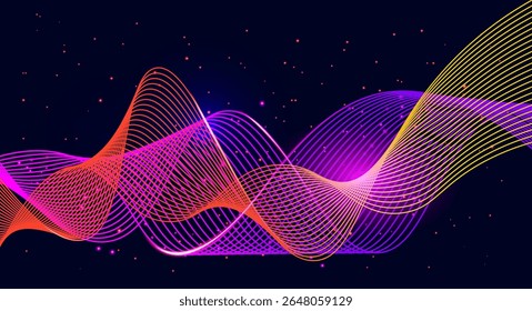 Abstract vibrant neon wave lines background with glowing particles on dark backdrop. Futuristic dynamic flowing curves in gradient colors of red, pink, purple, and yellow. Modern digital art for music