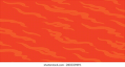 Abstract vibrant orange background with dense red halftone dots forming smooth, flowing wave-like patterns. The tonal contrast creates a warm, energetic, and modern visual, ideal for bold digital designs, posters, and eye-catching backgrounds.
