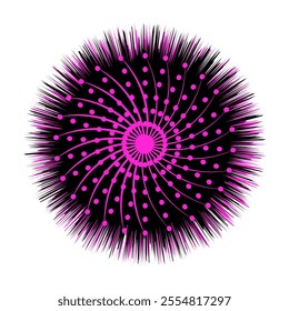 Abstract vibrant pink and black circular design with radiating lines, dotted symmetry, and neon spiral motion blur, perfect for modern digital art, creative backgrounds and contemporary illustrations