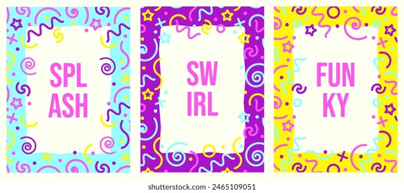 Abstract vibrant playful frames with copy space. Colorful line shapes, cool party scribbles. Simple fluorescent fun trendy backdrop with space for text. Minimalist background. Naive memphis doodles.