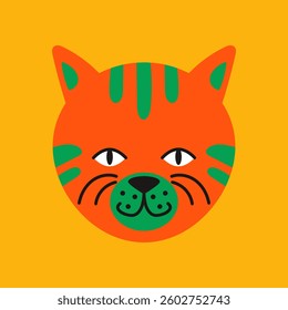 Abstract vibrant portrait of a smiling kitten. Modern flat design pet character for decorative or childrens use.