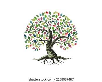 Abstract vibrant rainbow tree logo design, root vector 