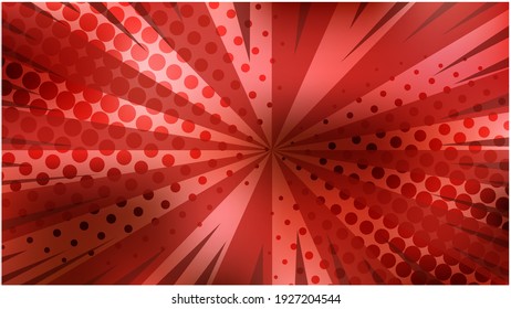 Abstract vibrant red striped retro comic background with dotted halftone corners. Passion pink background with stripes and half tone pattern for comics book, advertising design, poster, print