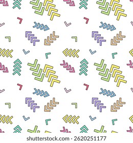 Abstract vibrant repeating pattern of colorful arrows, pointer, and checkmark on a white seamless background. Perfect for nursery, wallpaper, wrapping paper, gift box and bright feminine designs.