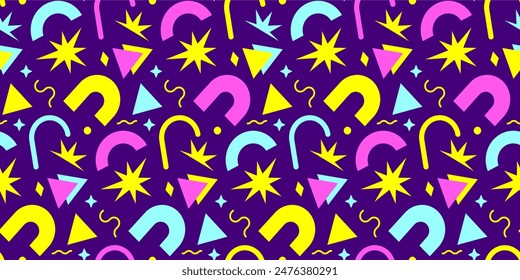 Abstract vibrant seamless background. Vibrant wallpaper with playful simple shapes. Contemporary vector geometric backdrop. Circle, brutal, swirl, oval, wave figures. Flat modern brutalism aesthetic.