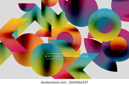 Abstract vibrant shapes overlap, creating colorful dynamic background. Modern design features gradients, circles, triangles.