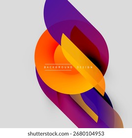 Abstract vibrant shapes overlap, creating dynamic composition. Orange, purple hues dominate neutral backdrop. Modern design element.