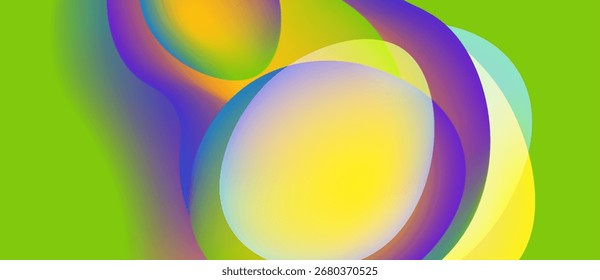 Formas vibrantes abstratas se sobrepõem, criando gradientes coloridos. Amarelos brilhantes, roxos, verdes dominam a composição. Transições suaves definem formas.