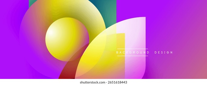 Abstract vibrant shapes overlap. Purple background dominates, yellow, green hues present. Modern design elements create dynamic visual.