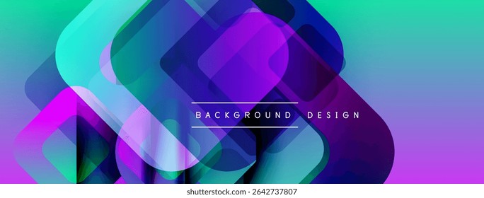 Abstract vibrant squares overlap, creating dynamic gradient effect. Turquoise, purple hues dominate design. Text reads background design.