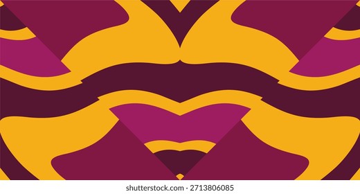 Abstract, vibrant, symmetrical pattern in purple, maroon, and golden yellow with flowing, organic shapes.