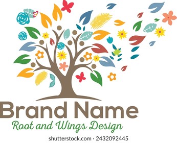 Abstract vibrant tree, charity tree vector logo design, root vector isolated on white background