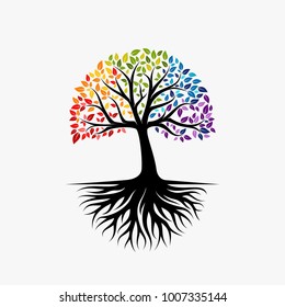 Abstract vibrant tree logo design, root vector - Tree of life logo design inspiration isolated on white background