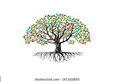 Abstract vibrant tree logo design, root vector 