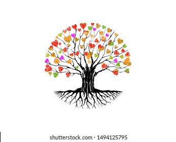 Abstract vibrant tree logo design, circular tree with leaves shaped heart symbol. root vector 