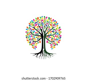 Abstract vibrant tree logo design, colorful leaves. Rainbow tree vector illustrations.