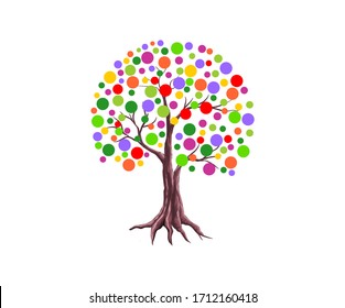 Abstract vibrant tree logo design, colorful leaves, roots vector 