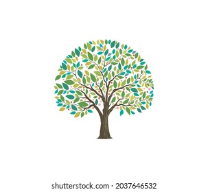 Abstract vibrant tree logo design, colorful leaves. fruits on the tree vector illustrations.