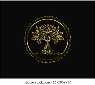 Abstract vibrant tree logo with gold circle frame surrounding it