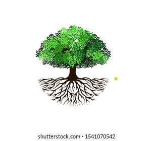 abstract vibrant tree logo and roots design illustration, tree round shape.