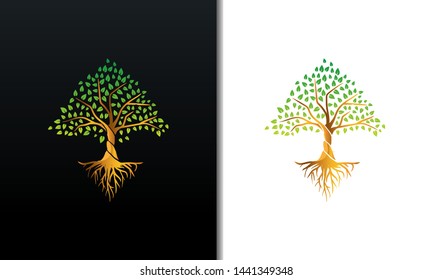 Abstract vibrant Tree and roots logo  design vector gold gradient isolated on black and white background