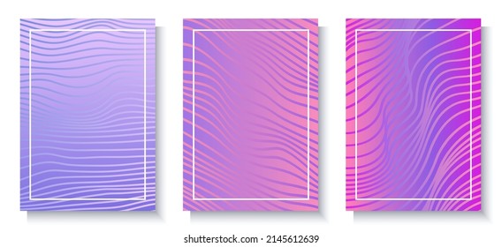 Abstract vibrant vector backgrounds with wavy pattern, in pink and purple gradient colors. Faded waves screen tone.