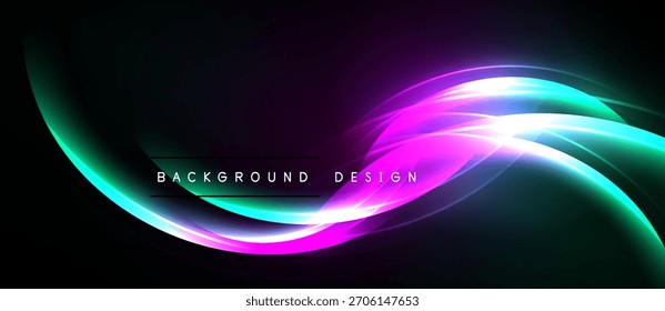 Abstract vibrant waves, neon colors blend. Dark background emphasizes glowing curves, modern design element. Text reads background design.