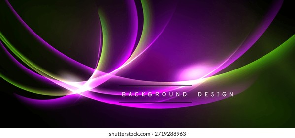 Abstractas ondas vibrantes, tonos púrpuras y verdes. Los efectos de luz dinámicos crean un diseño de fondo moderno. Las curvas suaves irradian energía.