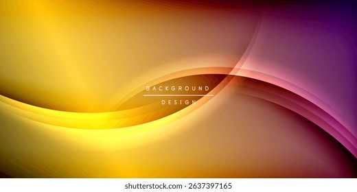 Abstract vibrant waves, yellow, orange, purple hues. Smooth gradients create dynamic visual effect. Modern design element.