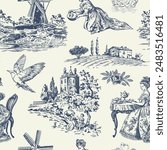 Abstract Victorian seamless pattern with hand drawn illustration with country life, couple villager in Toile de jouy style. Retro elegance blue Chinoiserie print. Vintage wallpaper for bedroom kitchen