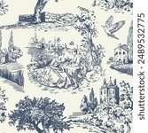 Abstract Victorian seamless pattern with hand drawn illustration with country life, couple villager in Toile de jouy style. Retro elegance blue Chinoiserie print. Vintage wallpaper for bedroom kitchen