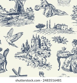 Abstract Victorian seamless pattern with hand drawn illustration with country life, couple villager in Toile de jouy style. Retro elegance blue Chinoiserie print. Vintage wallpaper for bedroom kitchen