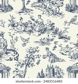 Abstract Victorian seamless pattern with hand drawn illustration with country life, couple villager in Toile de jouy style. Retro elegance blue Chinoiserie print. Vintage wallpaper for bedroom kitchen