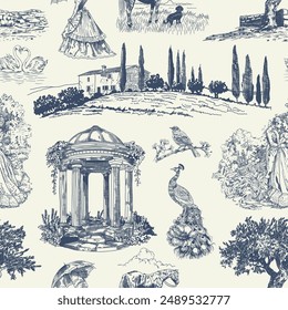 Abstract Victorian seamless pattern with hand drawn illustration with country life, couple villager in Toile de jouy style. Retro elegance blue Chinoiserie print. Vintage wallpaper for bedroom kitchen