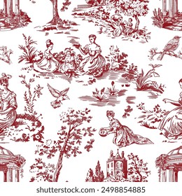 Abstract Victorian seamless pattern with hand drawn illustration with country life, couple villager in Toile de jouy style. Retro elegance blue Chinoiserie print. Vintage wallpaper for bedroom kitchen