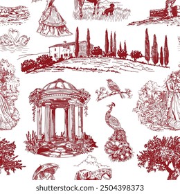 Abstract Victorian seamless pattern with hand drawn illustration with country life, couple villager in Toile de jouy style. Retro elegance blue Chinoiserie print. Vintage wallpaper for bedroom kitchen