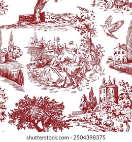 Abstract Victorian seamless pattern with hand drawn illustration with country life, couple villager in Toile de jouy style. Retro elegance blue Chinoiserie print. Vintage wallpaper for bedroom kitchen