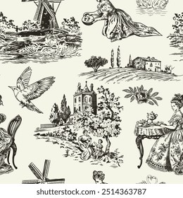 Abstract Victorian seamless pattern with hand drawn illustration with country life, couple villager in Toile de jouy style. Retro elegance blue Chinoiserie print. Vintage wallpaper for bedroom kitchen