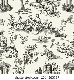 Abstract Victorian seamless pattern with hand drawn illustration with country life, couple villager in Toile de jouy style. Retro elegance blue Chinoiserie print. Vintage wallpaper for bedroom kitchen