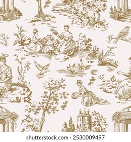 Abstract Victorian seamless pattern with hand drawn illustration with country life, couple villager in Toile de jouy style. Retro elegance blue Chinoiserie print. Vintage wallpaper for bedroom kitchen