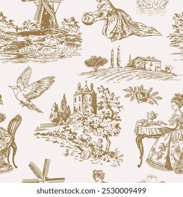 Abstract Victorian seamless pattern with hand drawn illustration with country life, couple villager in Toile de jouy style. Retro elegance blue Chinoiserie print. Vintage wallpaper for bedroom kitchen